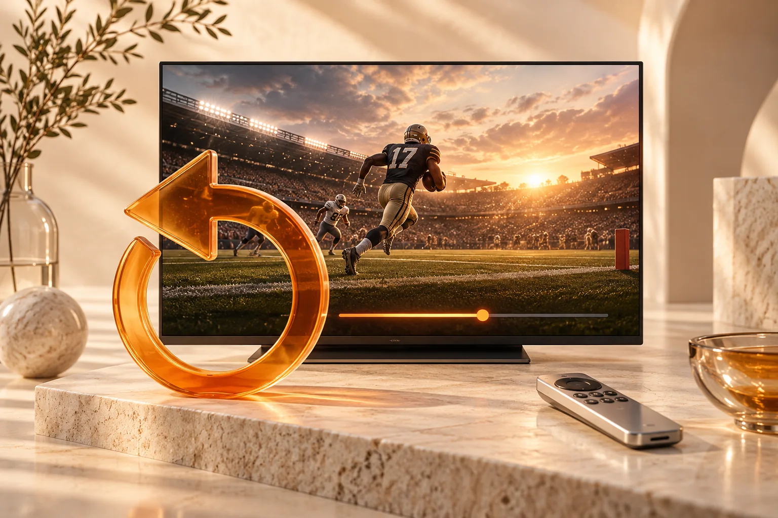 Una retransmisión deportiva en un televisor con una flecha naranja de repetición y un mando.
