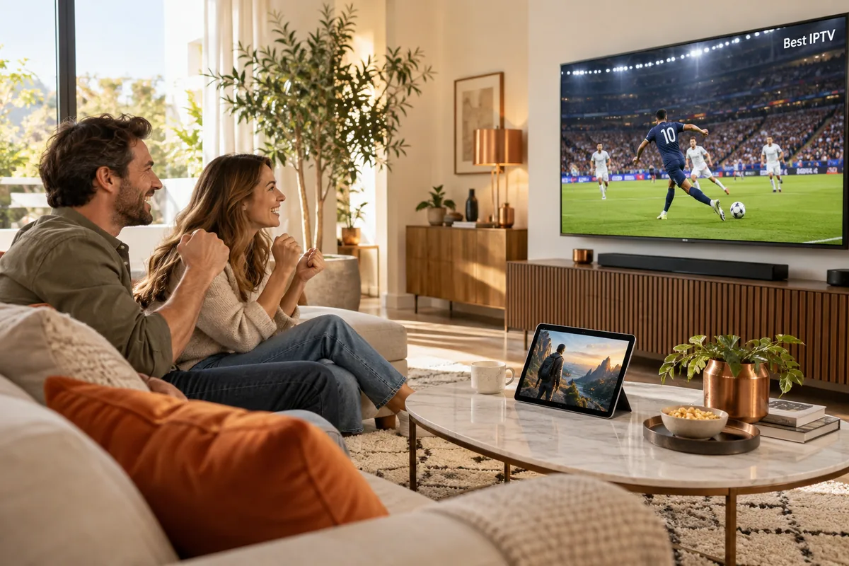 Una pareja viendo fútbol en un televisor Best IPTV mientras una tableta muestra una película de aventuras