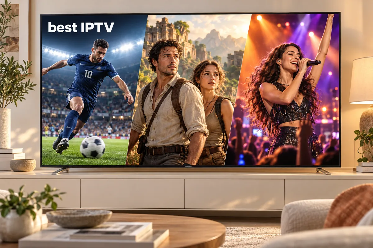 Ilustración de Best IPTV con fútbol, una película de aventuras y un concierto en el televisor de un salón