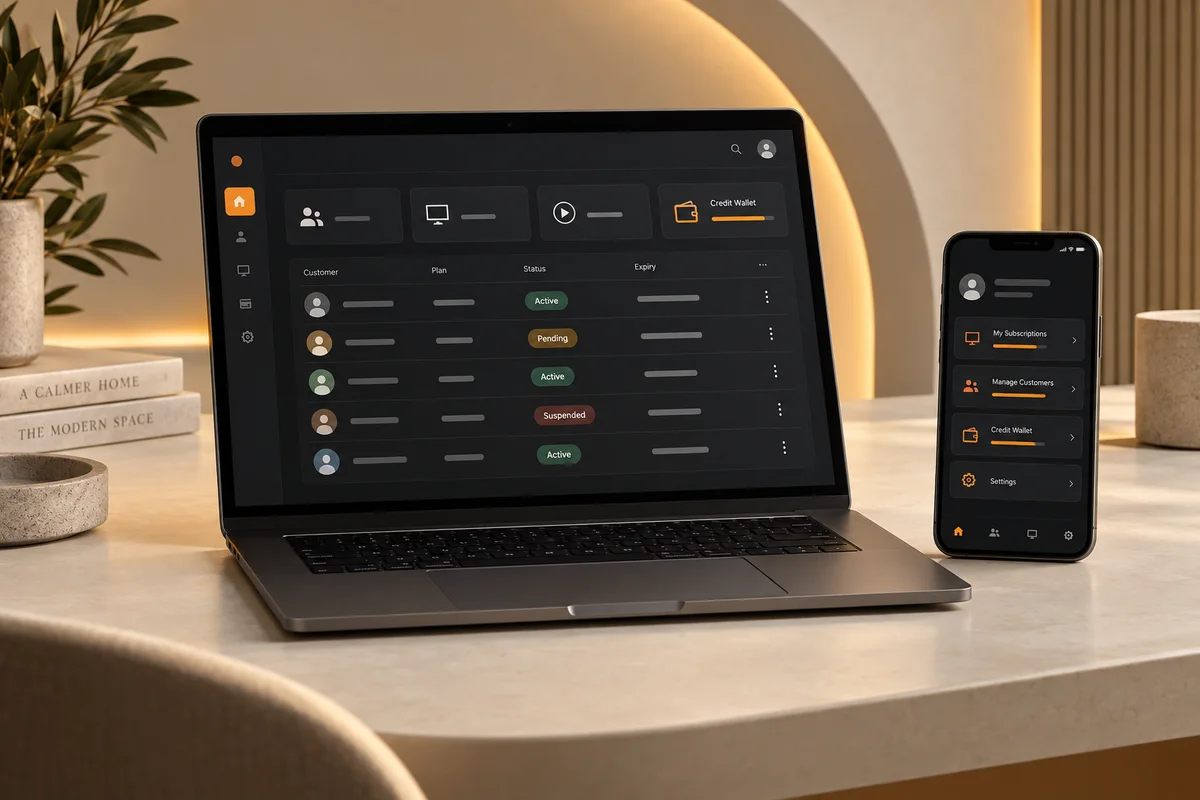 IPTV reseller panel concept displayed on a laptop and smartphone in a modern workspace