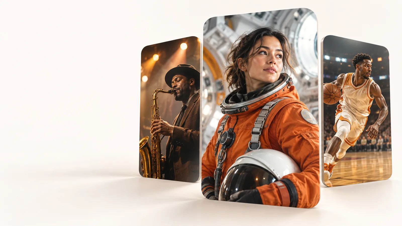 Ilustración del servicio Best IPTV con una astronauta, un músico de jazz y un jugador de baloncesto.