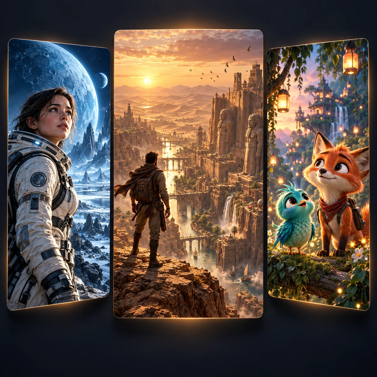 Premium IPTV subscription illustration featuring space exploration, an ancient desert city and a family adventure