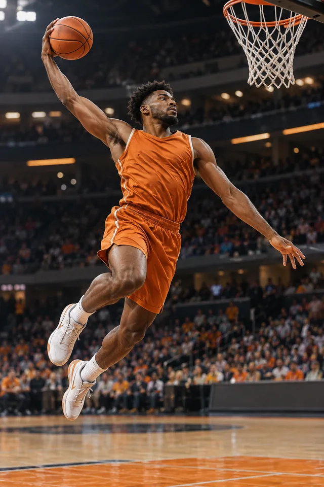 Jugador de baloncesto con uniforme naranja saltando hacia la canasta.