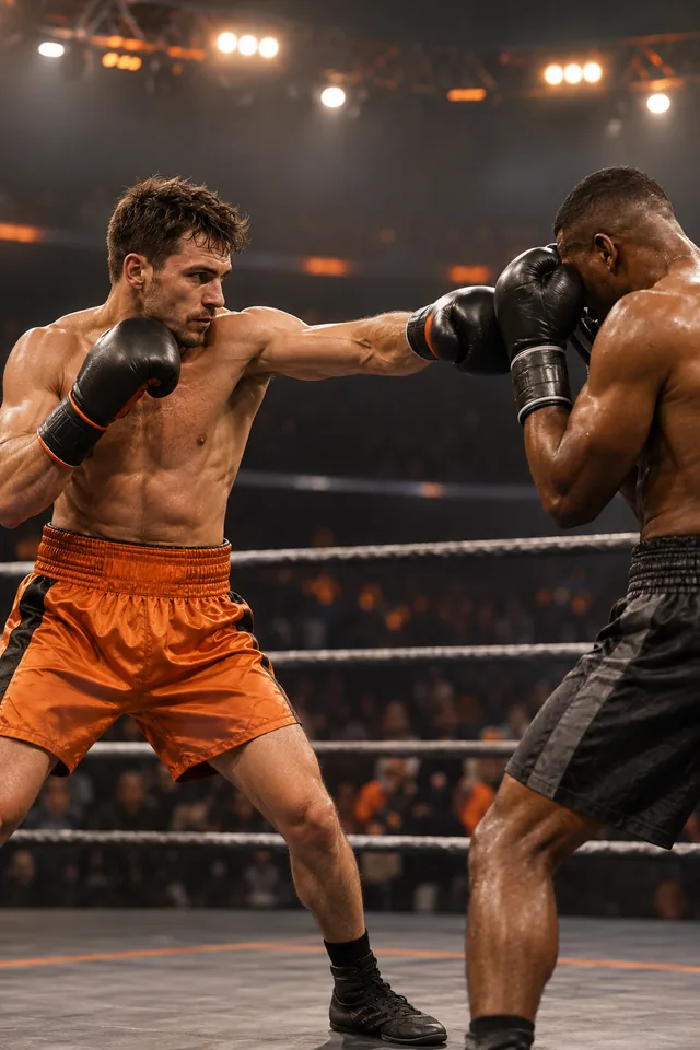 Dos boxeadores intercambiando un golpe y una guardia defensiva en el ring.