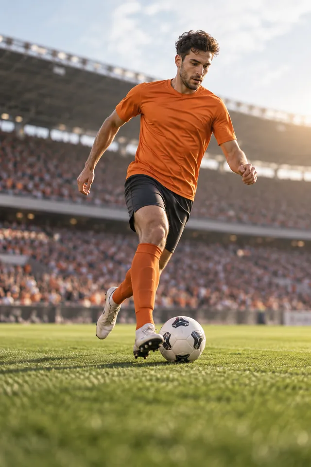 Futbolista con camiseta naranja controlando el balón en un estadio.