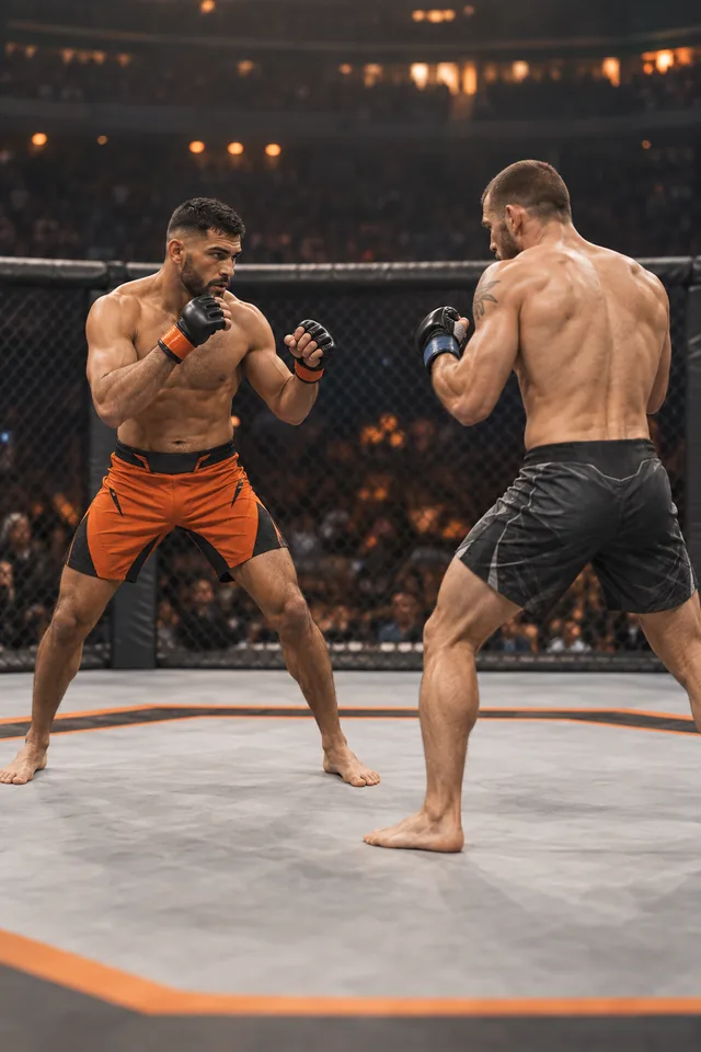 Dos luchadores de artes marciales mixtas frente a frente en una jaula.