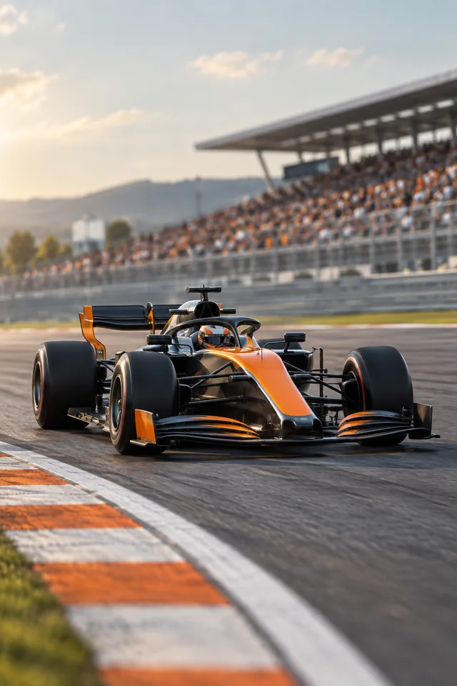 Monoplaza naranja y gris oscuro en un circuito.