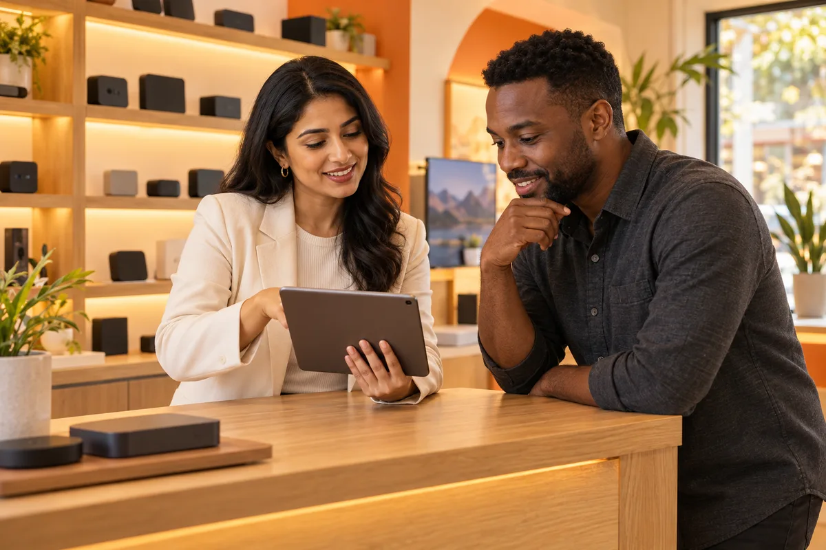 IPTV reseller consultation concept: a technology adviser and customer discussing a tablet in a modern shop