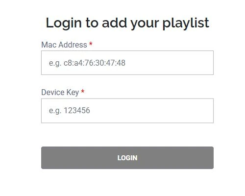 Acceso al portal de listas IBO Player Pro con campos MAC Address y Device Key de la aplicación