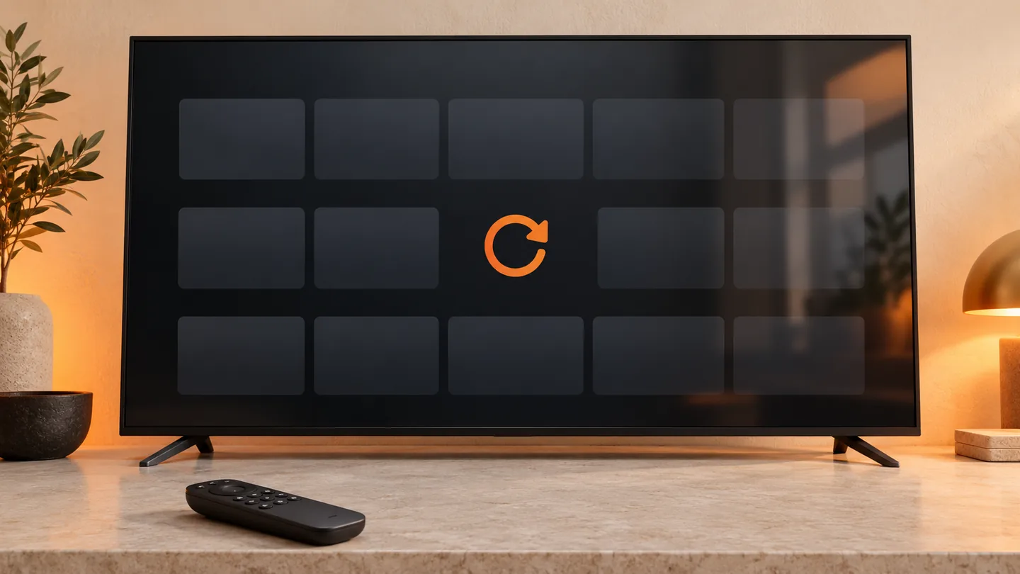 Ilustración de un televisor con un catálogo IPTV vacío y un símbolo de actualización