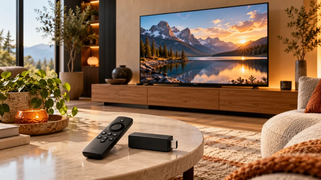 IPTV on Firestick setup in a living room with a streaming stick and remote