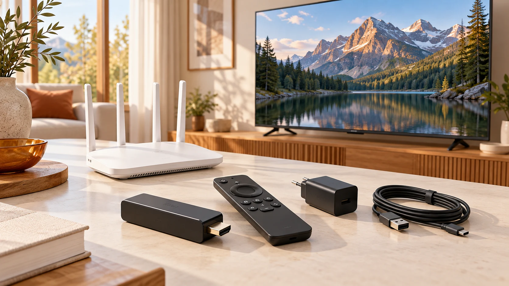Equipment needed to set up IPTV on Firestick: streaming stick, remote, power cable and Wi-Fi router