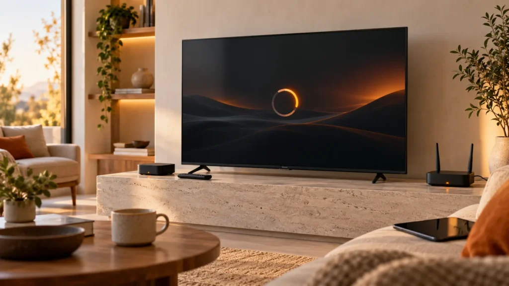 IPTV no funciona: televisor con símbolo de carga junto a un dispositivo de streaming y un router
