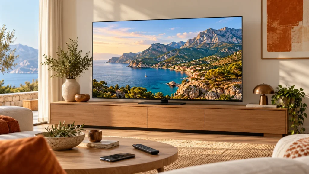 Living-room television, remote and smartphone illustrating IPTV on Samsung TV setup