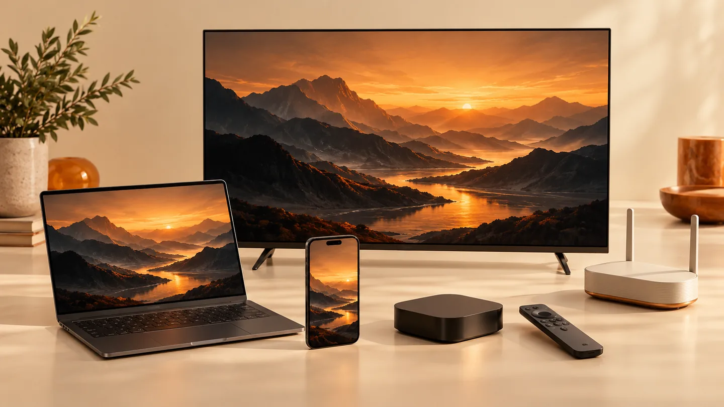 Televisor, portátil, móvil, dispositivo de streaming y router para comprobar una configuración IPTV